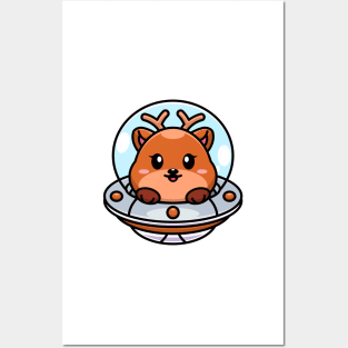 Cute deer flying with spaceship ufo cartoon Posters and Art